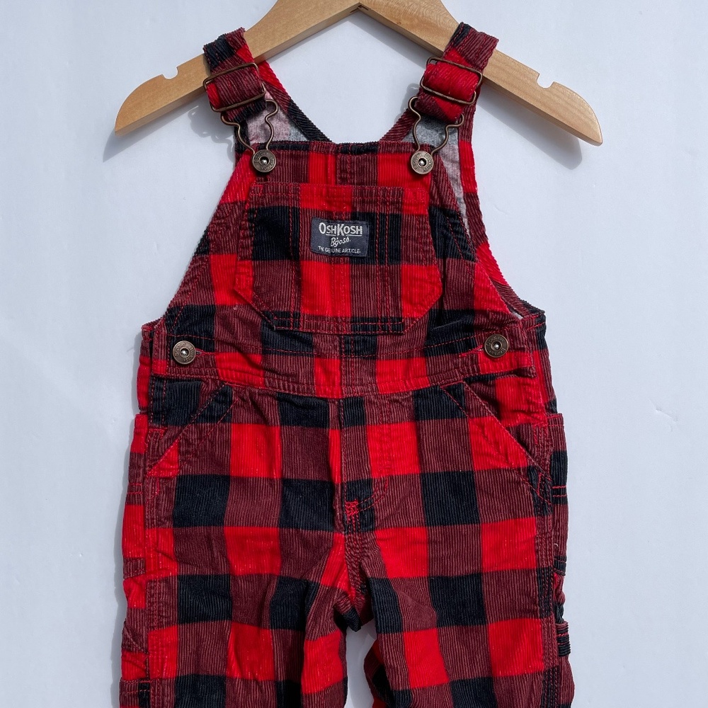 Vintage OshKosh Toddler Red & Black Checkered Corduroy Overalls